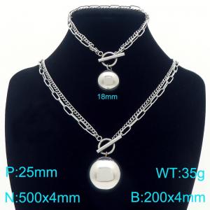 Stainless steel double-layer splicing chain OT buckle with steel ball pendant bracelet necklace two-piece set - KS226842-Z