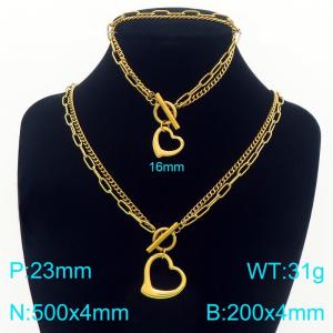 Stainless steel double-layer splicing chain OT buckle paired with hollow heart pendant bracelet necklace two-piece set - KS226843-Z