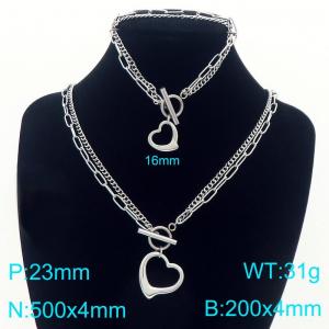 Stainless steel double-layer splicing chain OT buckle paired with hollow heart pendant bracelet necklace two-piece set - KS226844-Z