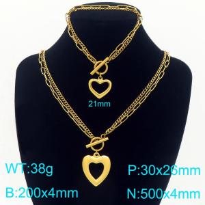 Stainless steel double-layer splicing chain OT buckle paired with hollow heart pendant bracelet necklace two-piece set - KS226845-Z