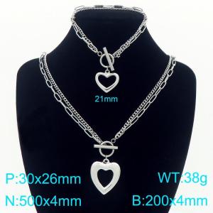 Stainless steel double-layer splicing chain OT buckle paired with hollow heart pendant bracelet necklace two-piece set - KS226846-Z