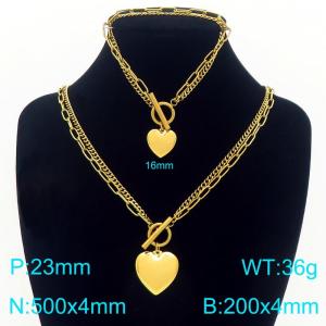 Stainless steel double-layer splicing chain OT buckle paired with heart pendant bracelet necklace two-piece set - KS226847-Z