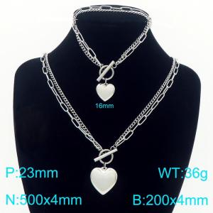 Stainless steel double-layer splicing chain OT buckle paired with heart pendant bracelet necklace two-piece set - KS226848-Z