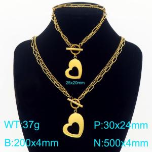 Stainless steel double-layer splicing chain OT buckle paired with hollow heart pendant bracelet necklace two-piece set - KS226849-Z