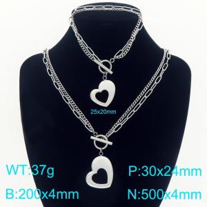 Stainless steel double-layer splicing chain OT buckle paired with hollow heart pendant bracelet necklace two-piece set - KS226850-Z