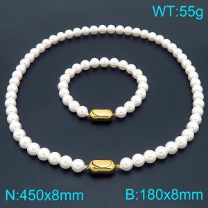 Gold-Plated Stainless Steel&Pearls Beaded Bracelet-Necklace Set - KS226886-Z