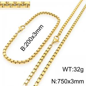 Stainless Steel Square Pearl Bracelet & Necklace  Lobster Clasp Gold Color Jewelry Sets - KS227004-Z