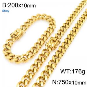 10mm Wide 750cm Long Stainless Steel Set Bracelet Necklace Cuban Chain Shiny Gold Color - KS227161-ZLY