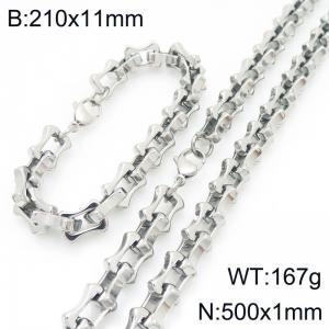 Fashion stainless steel 210 × 11mm&500 × 11mm hollow bone chain lobster buckle temperament silver set - KS228235-Z