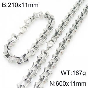 Fashion stainless steel 210 × 11mm&600 × 11mm hollow bone chain lobster buckle temperament silver set - KS228237-Z