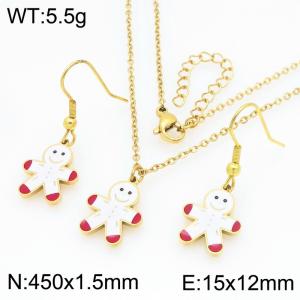 Fashionable and personalized stainless steel cute gingerbread man earrings necklace two-piece set - KS229266-Z