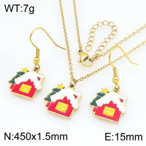 Fashionable and personalized stainless steel snow house earrings necklace two-piece set - KS229403-Z