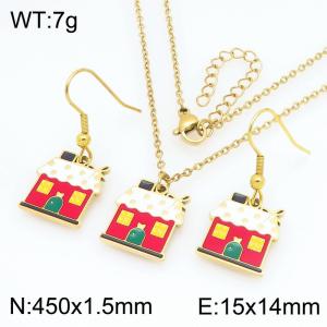 Fashionable and personalized stainless steel snow house earrings necklace two-piece set - KS229407-Z
