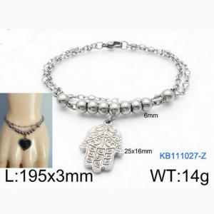 Fashion Stainless Steel 195 × 3mm double layered mixed chain beads paired with palm pendant jewelry charm silver bracelet - KB111027-Z