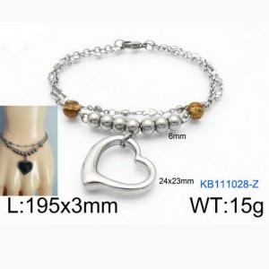 Fashion Stainless Steel 195 × 3mm double layered mixed chain beads paired with hollow heart shaped pendant jewelry charm silver bracelet - KB111028-Z