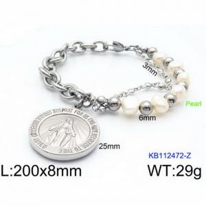 Fashion Stainless Steel 200× 8mm bead chain mixed with O-shaped Virgin girl circular pendant jewelry charm silver bracelet - KB112472-Z