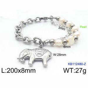 200mm Women Stainless Steel&Pearl Double-Style Chain Bracelet with Elephant Charm - KB112480-Z