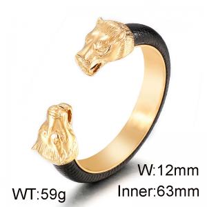 Gold-plating Punk style personality domineering wolf head titanium steel open leather bracelet - KB119255-BDJX