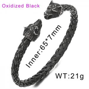 Mens Wolf Head Bracelet Steel Braided Cable Bangle Cuff Bracelet Polished, Adjustable Oxidized - KB163661-JX