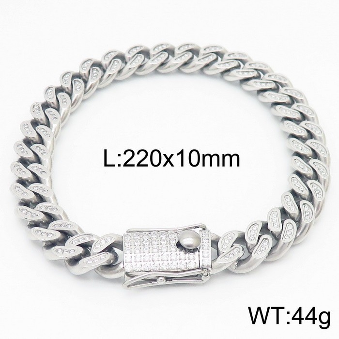 10mm Cubic Zirconia Hip Curb Chain Bracelet Men Stainless Steel 304 Party Jewelry Silver Color