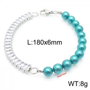 6mm Blue Shell Pearl Bracelet Women Stainless Steel 304 Cubic Zirconia Chain Silver Color - KB163877-Z