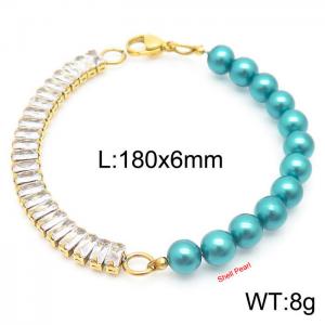 6mm Blue Shell Pearl Bracelet Women Stainless Steel 304 Cubic Zirconia Chain Gold Color - KB163878-Z