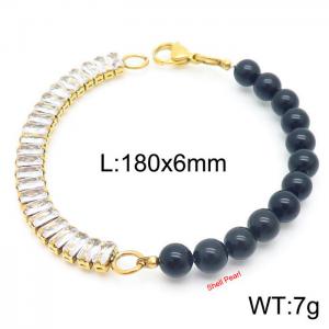 6mm Black Shell Pearl Bracelet Women Stainless Steel 304 Cubic Zirconia Chain Gold Color - KB163879-Z