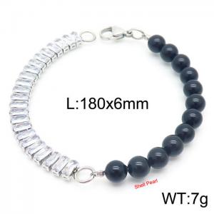 6mm Black Shell Pearl Bracelet Women Stainless Steel 304 Cubic Zirconia Chain Silver Color - KB163880-Z