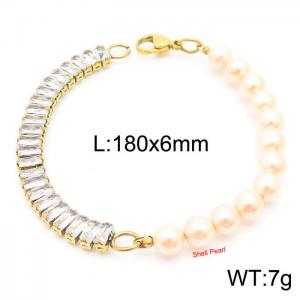 6mm White Shell Pearl Bracelet Women Stainless Steel 304 Cubic Zirconia Chain Gold Color - KB163883-Z