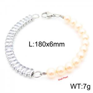 6mm White Shell Pearl Bracelet Women Stainless Steel 304 Cubic Zirconia Chain Silver Color - KB163884-Z