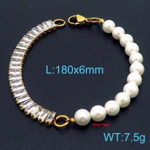6mm Shell Pearl Bracelet Women Stainless Steel 304 Cubic Zirconia Chain Gold Color - KB163885-Z