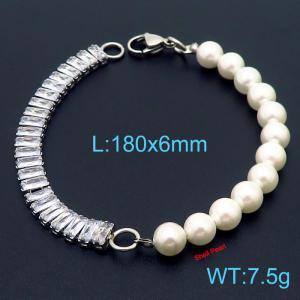 6mm Shell Pearl Bracelet Women Stainless Steel 304 Cubic Zirconia Chain Silver Color - KB163886-Z