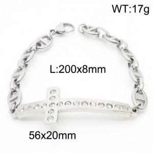 8mm20cm=Handmade stainless steel men's silver pig nose chain cross inlaid diamond bracelet - KB164135-Z