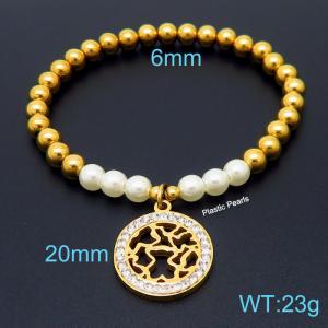 Hand make stainless steel simple style plastic pearls tous charm crystal with withe mud steel bead gold bracelet - KB164805-Z
