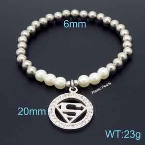 Hand make stainless steel simple style plastic pearls super man charm steel bead silver bracelet - KB164813-Z