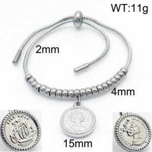 Retro Queen Coin Round Pendant Adjustable Keel Chain Beads Stainless Steel Cuff Bracelets Women Jewelry - KB166546-Z