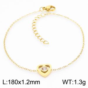 Stainless steel 185x1.2mm welding chain lobster clasp crystal heart charm gold bracelet - KB166624-K
