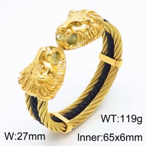 Men Gold Plated Stainless Steel&Leather Bangle with Lion Head Charms - KB167192-KFC