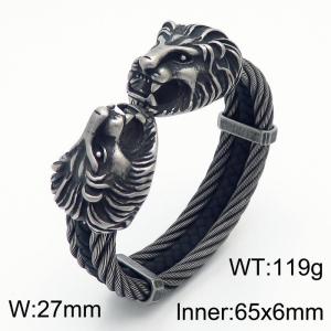 Men Worn Effect Stainless Steel&Leather Bangle with Lion Head Charms - KB167193-KFC