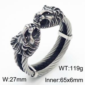 Men Silver Color Stainless Steel&Leather Bangle with Lion Head Charms - KB167194-KFC