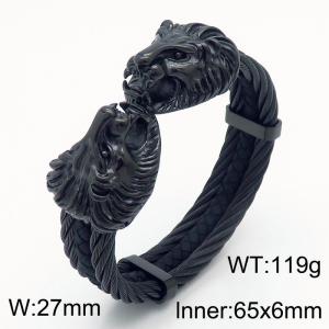 Men Black Plated Stainless Steel&Leather Bangle with Lion Head Charms - KB167195-KFC