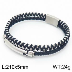 21cm Silver Color Stainless Steel Double Layers Woven Cowhide Black Color Bracelets - KB169039-KLHQ