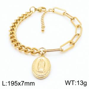 Virgin Mary Oval Pendant Stainless Steel Gold Bracelet - KB169305-HR