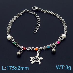 Stainless steel 175 × 2mm Double Layer O-Chain Round Bead Turtle Pendant Jewelry Pearl Charm Silver Bracelet - KB169639-MN