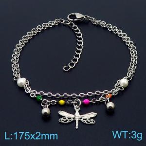 Stainless steel 175 × 2mm Double Layer O-Chain Round Dragonfly Pendant Jewelry Pearl Charm Silver Bracelet - KB169643-MN