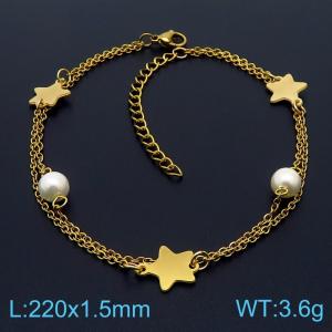Stainless steel 175 × 2mm double-layer solder chain French simple pearl pentagram pendant jewelry charm gold bracelet - KB169650-MN