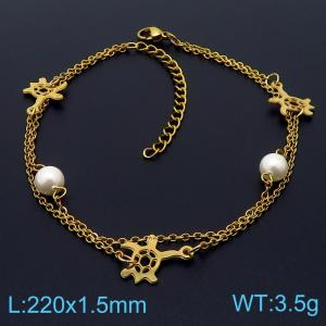 Stainless steel 175 × 2mm Double Layer Solder Chain French Simple Pearl Turtle Pendant Jewelry Charm Gold Bracelet - KB169651-MN