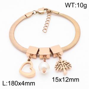 Rose Gold Color Heart Pearl Tree Pendant Chunky Stainless Steel Chain Bracelets For Women - KB169682-KFC