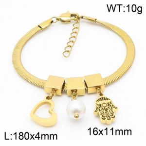 Gold Color Heart Pearl Small Man Pendant Chunky Chain Stainless Steel Bracelets For Women - KB169684-KFC