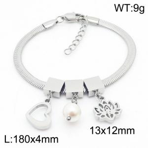Silver Color Heart Pearl Lotus Flower Pendant Chunky Chain Stainless Steel Bracelets For Women - KB169686-KFC